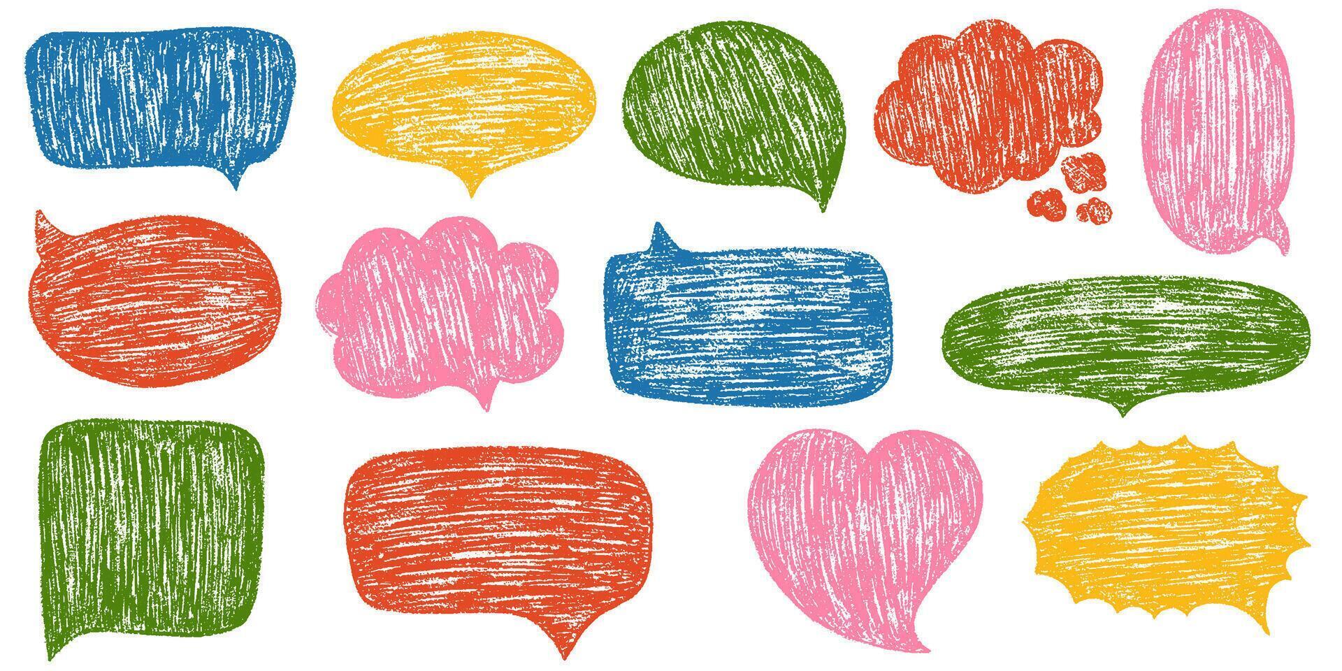 Speech bubbles with crayon or chalk texture. Charcoal doodle speech bubbles, comic talk balloon. Hand drawn kid's style pencil dialog balloon, various text clouds. Hand drawn illustration. vector