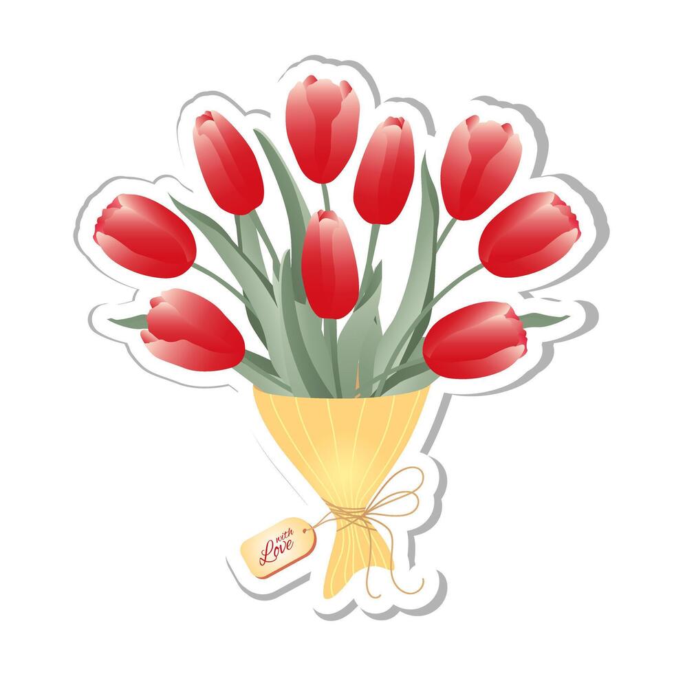 Sticker.Bouquet of spring flowers tulips isolated on white background. Design for postcards on Womans Day, 8 March. vector