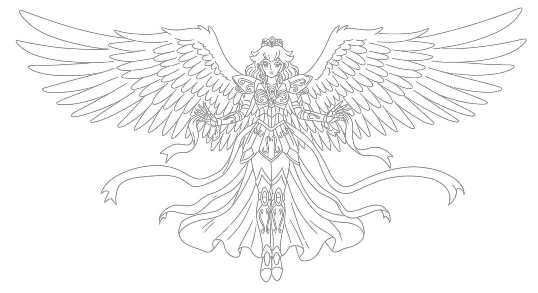 Coloring page featuring Momoko Hanasaki Wedding Peach in her angelic transformation form vector