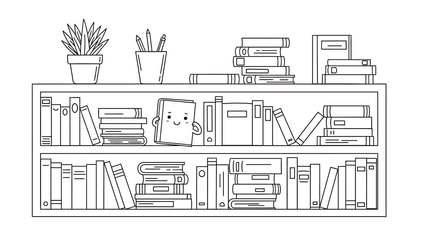 A book shelf with books and plants vector