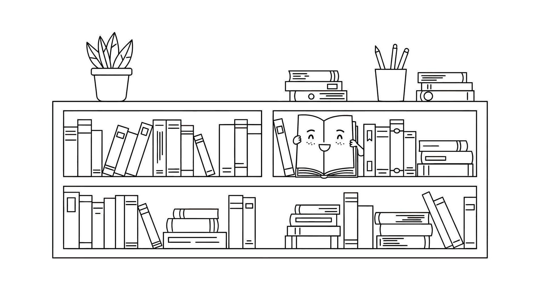 Book shelf with books and plants illustration vector