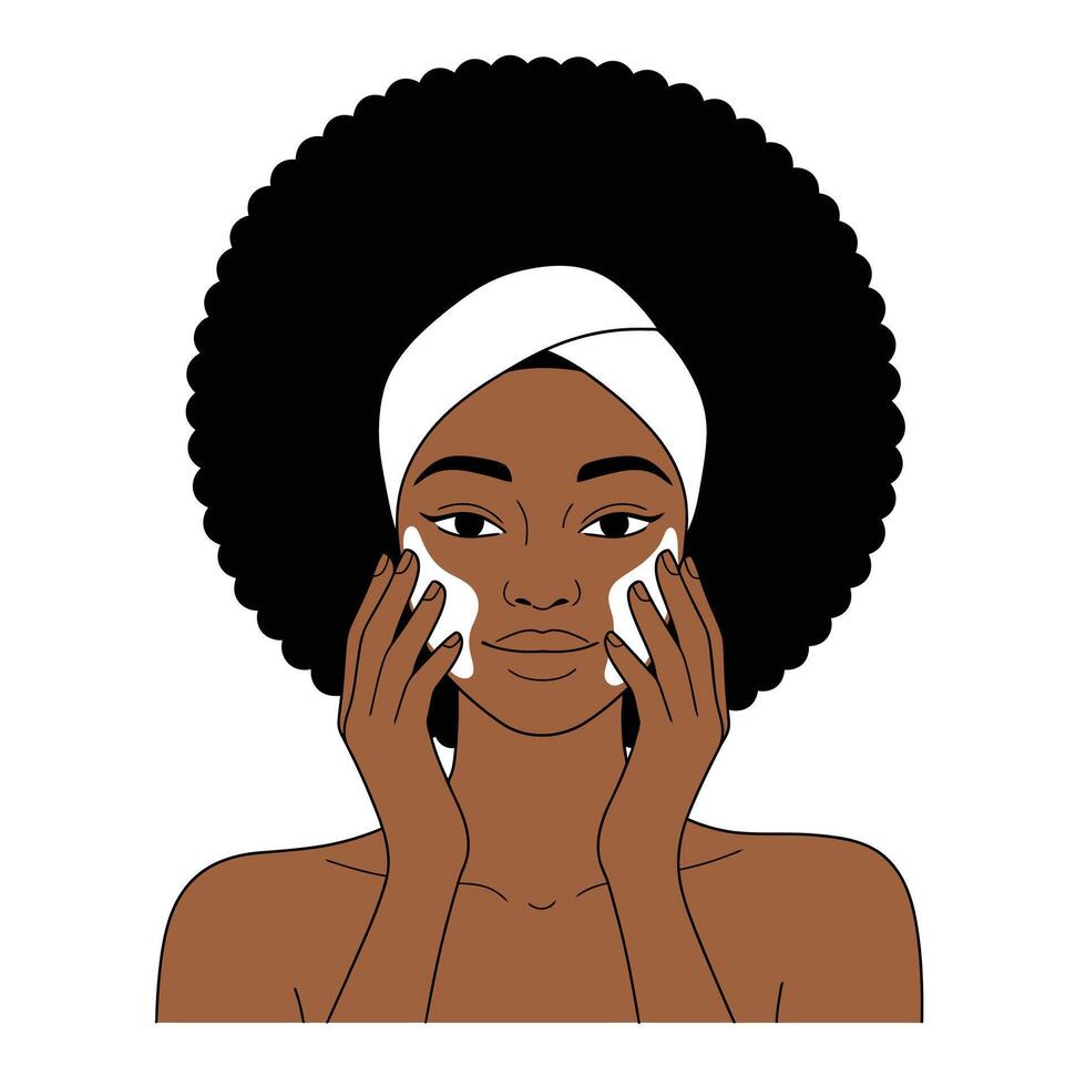An illustration of a woman with an afro hair and a towel on her head vector