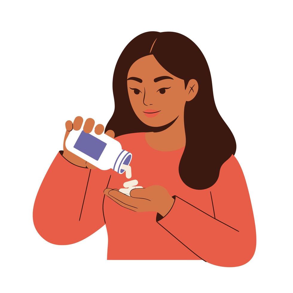 A woman is holding a bottle of pills vector