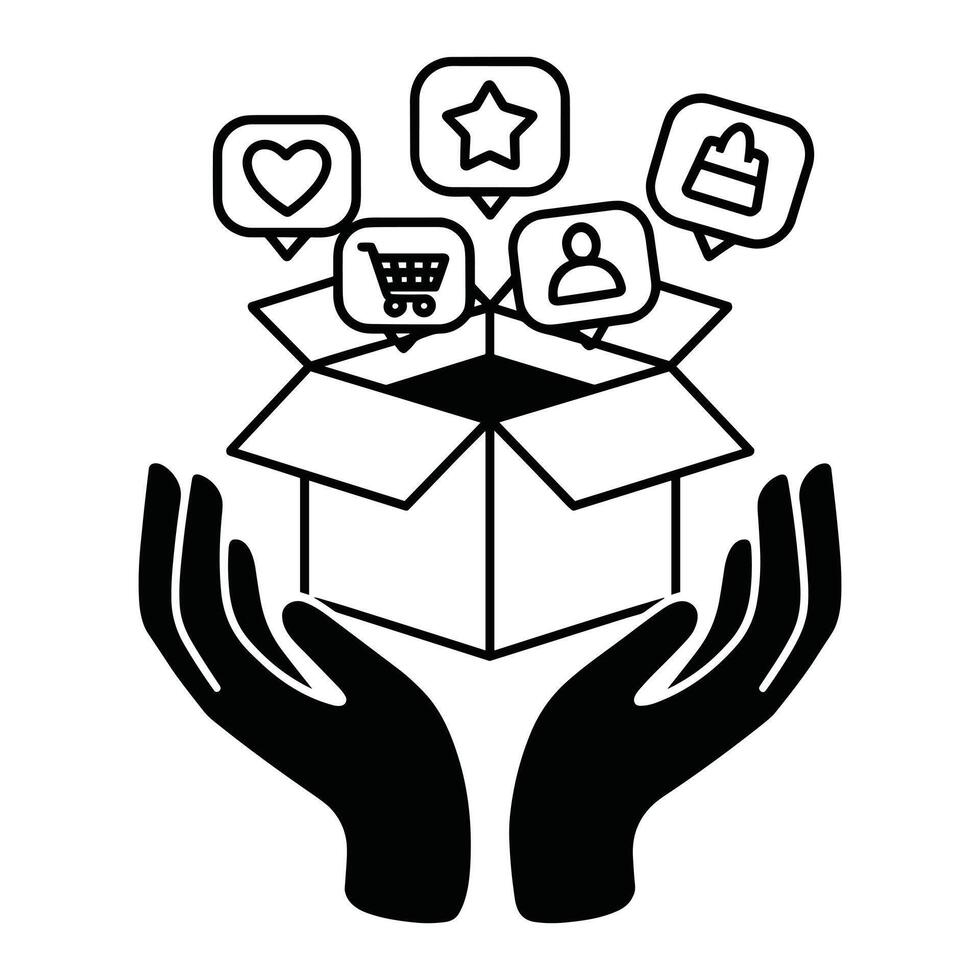 Hands Holding an Open Box Filled with E-commerce Icons vector