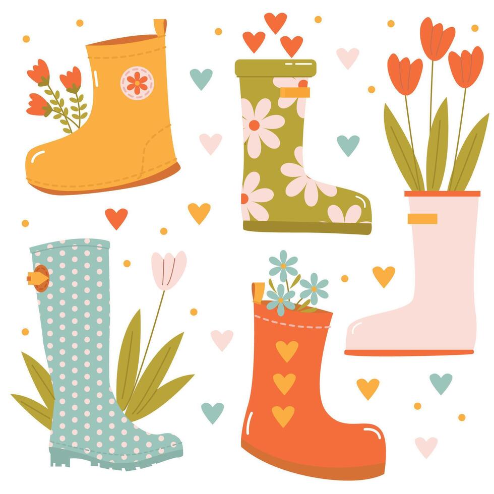 Set with different colored rubber boots and flowers on the theme of spring vector