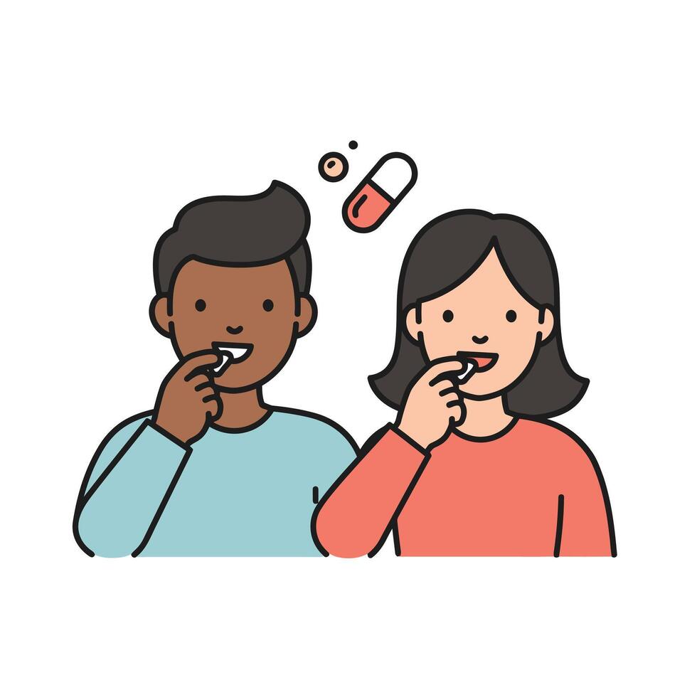 Illustration of a couple taking a pill vector