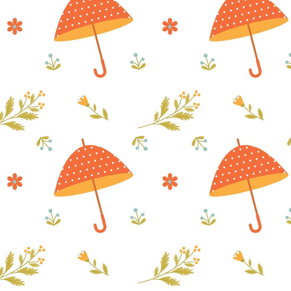 Pattern with a red umbrella and delicate flowers on a white background vector