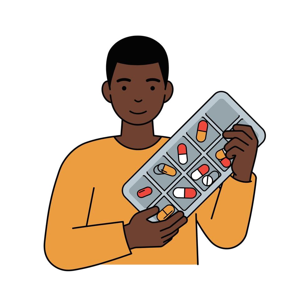 A man holding a tray of pills vector