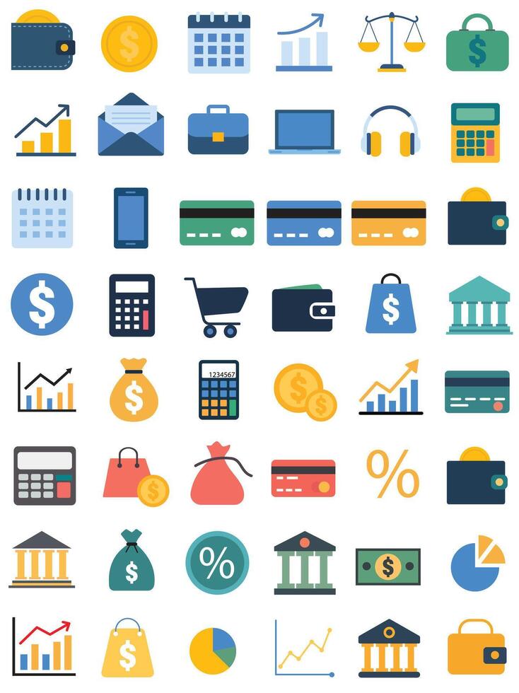 Flat Financial and Business Icons Set Banking, Money, and Investment. vector