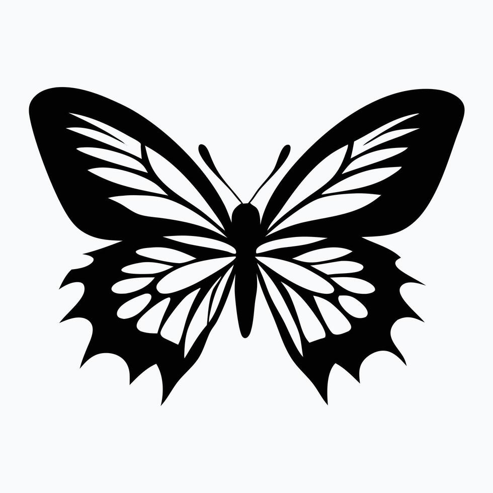 A stylized, black and white line drawing of a butterfly. vector