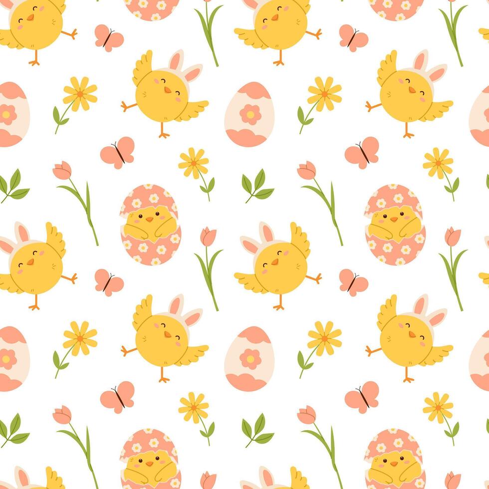 Easter seamless pattern with eggs, chickens and flowers. Flat illustration vector