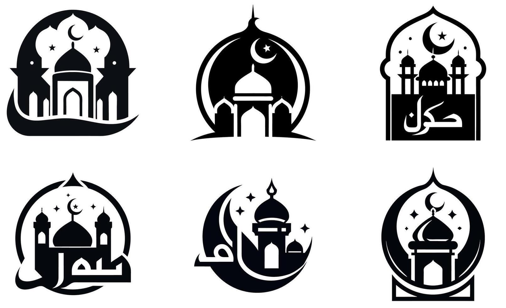 black and white logos featuring mosques, crescents, and stars. vector