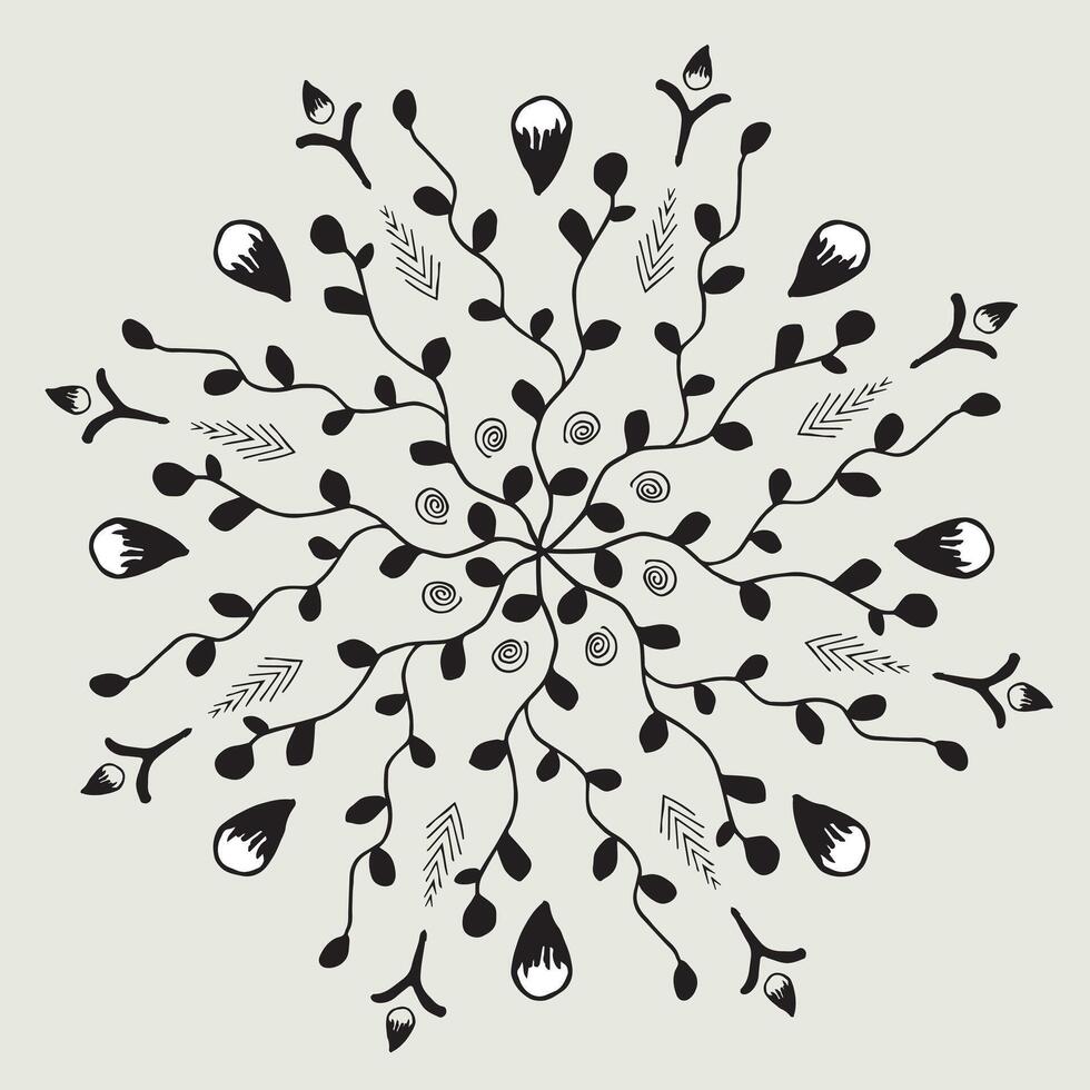 A mandala with spirals, leafs and twigs in black vector
