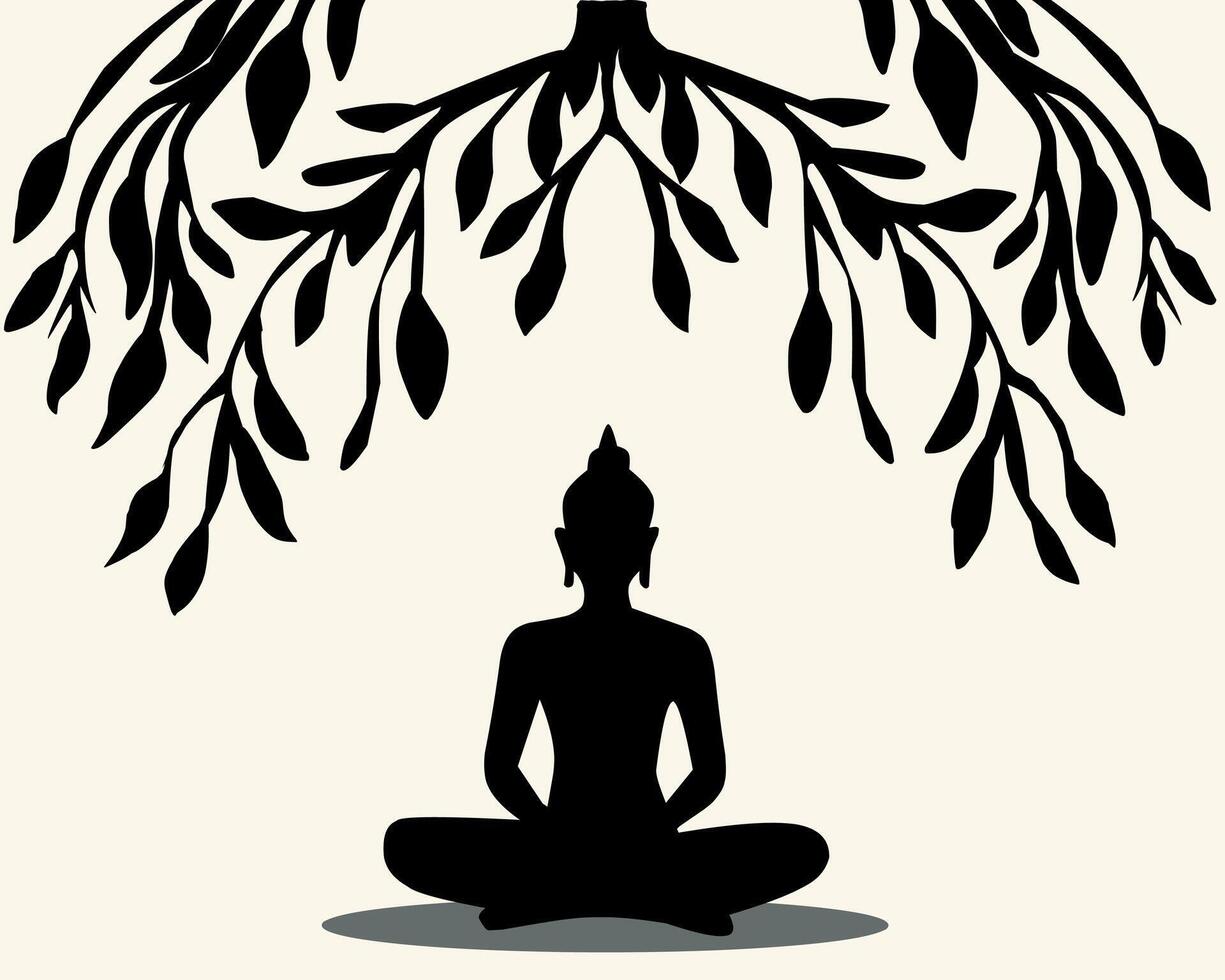 Silhouette of a meditating Buddha under a Bodhi tree. A peaceful and spiritual illustration, perfect for meditation, yoga, and Buddhist themes vector