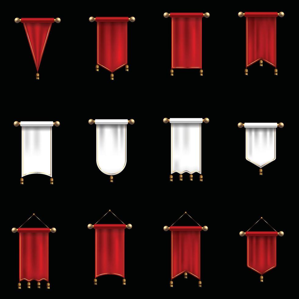 New Realistic red pennants set, flags mockup isolated on white background for branding or text. Vertical fabric flags of different shapes and forms. 3d illustration vector