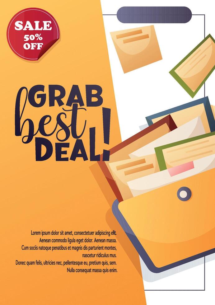 flyer featuring folders, documents, envelopes, and text promoting a great deal with a 50 discount. vector
