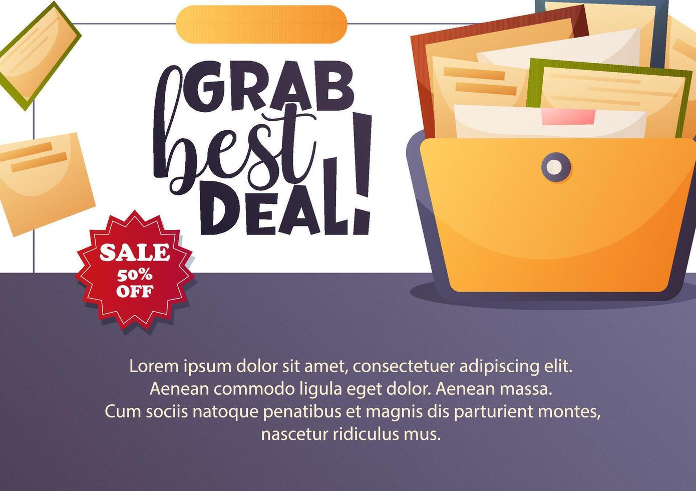 flyer featuring folders, papers, and envelopes, promoting a great deal with a 50 discount. vector