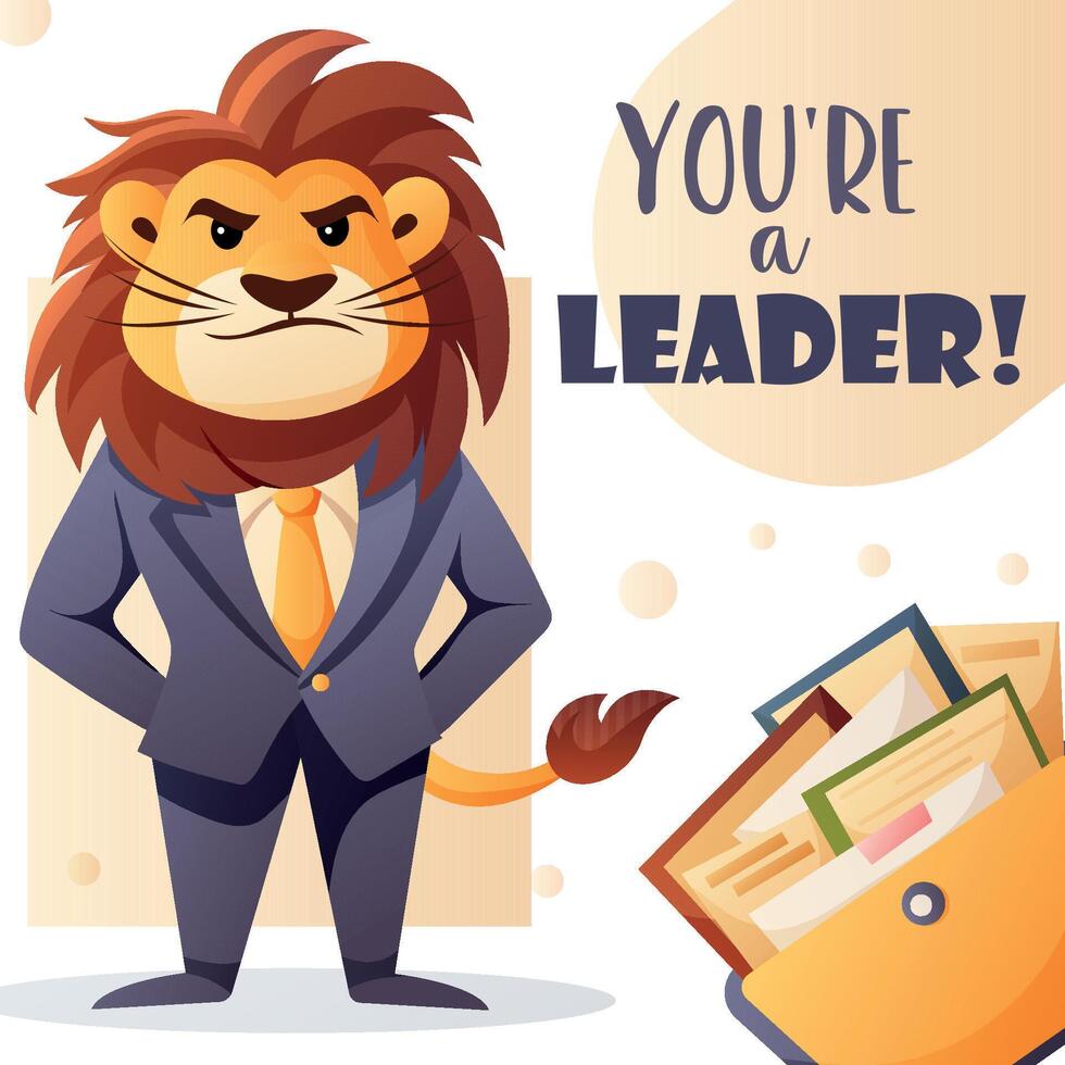 greeting card with lion and leadership text vector