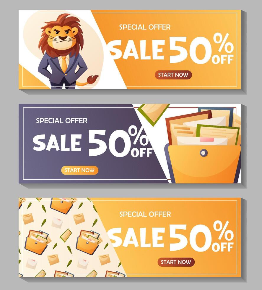 set of banners with discount and business symbols vector