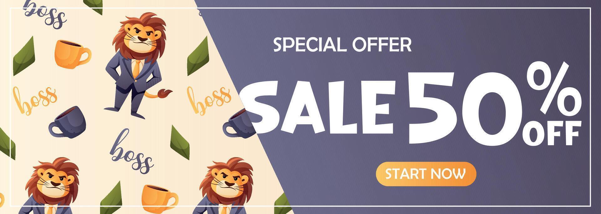 Banner with seamless pattern of lions and mugs vector