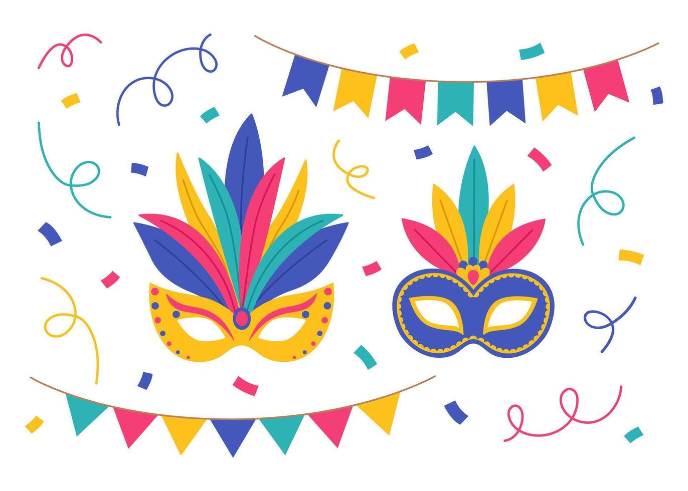 Colorful set with carnival masks with feathers, garlands and confetti. Masquerade accessories and decorations. Design for Brazil carnival, Venetian carnival, Mardi Gras. Flat illustration vector