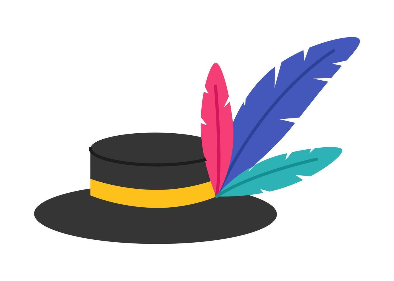 Black men's carnival hat with strip and feathers. Masquerade accessory. Headwear for Brazil carnival, Venetian carnival, Mardi Gras. Flat illustration isolated on white background vector