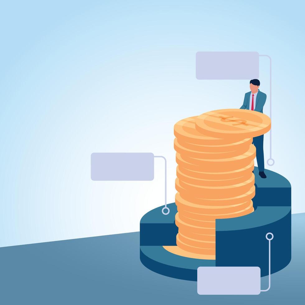 A man puts coins in a pile in a pie chart. Illustration for financial management, financial planning and arrangement. vector