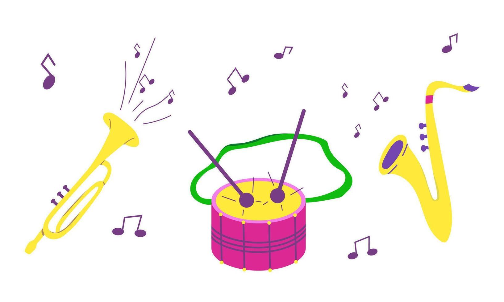 set with musical elements for Mardi Gras carnival. Bright Saxophone, trumpet and drums images for design and logos. vector