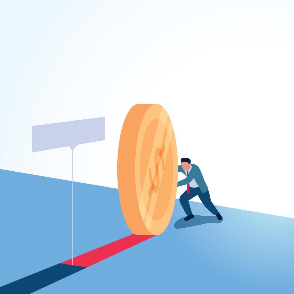 A man holds a coin that has crossed the line. Illustration for financial management, financial planning and arrangement. vector