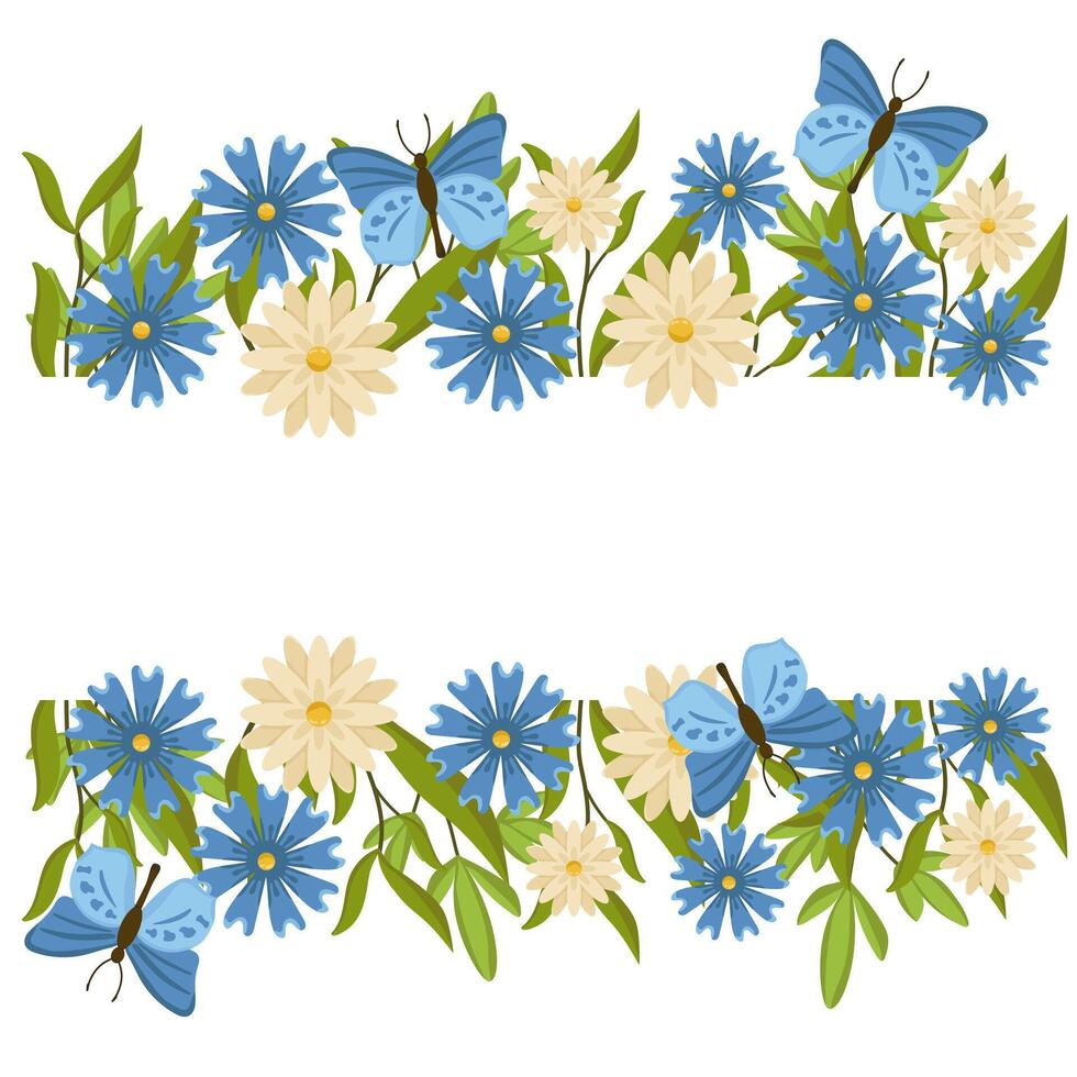 spring banner with blue cornflowers, daisies, butterflies and space for text. Colored botanical illustration for greeting cards and invitations. vector