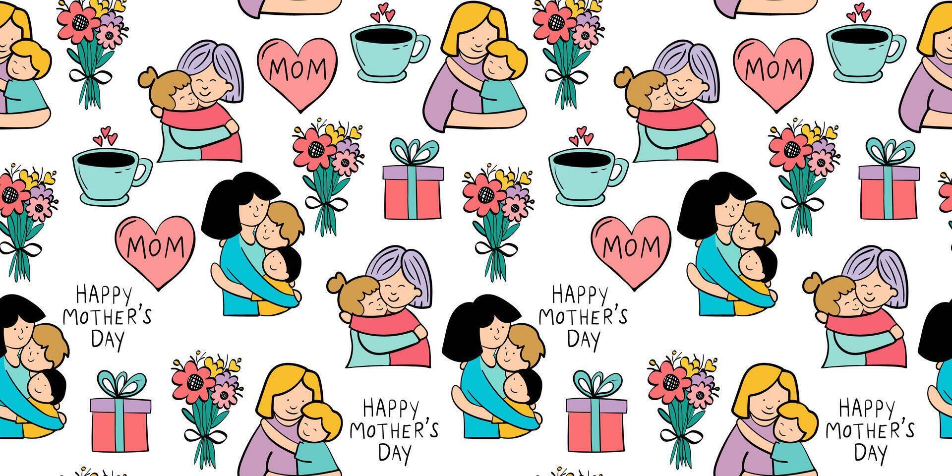 pattern mothers hugging with children sons and daughters. moms hearts flowers gift cup of tea, pastel rich colors, happy mother's day minimalist drawn doodle style, web white background vector