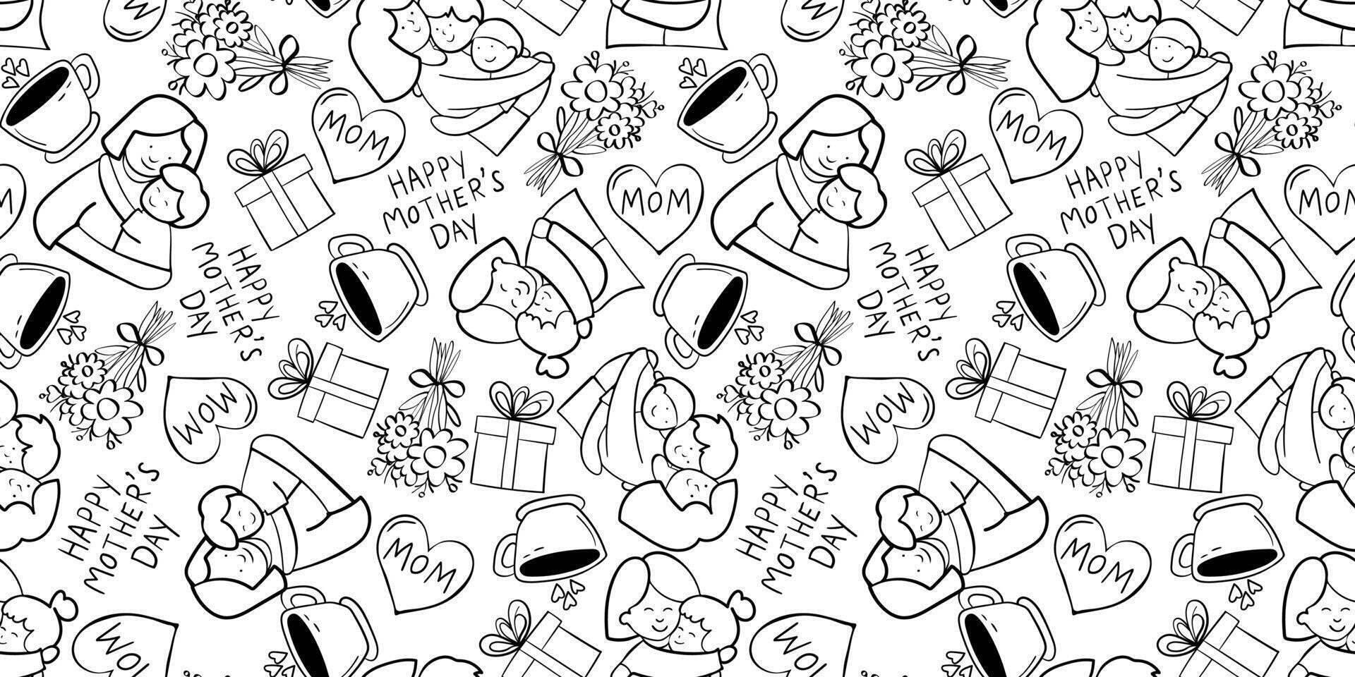 pattern mothers hugging with children sons and daughters. moms hearts, flowers, gift, cup of tea, black and white drawing, happy mother's day in minimalist doodle style, web background vector