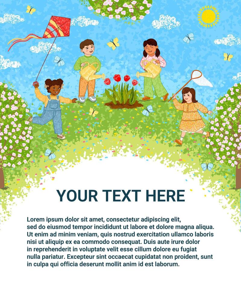 Template with Colorful Textured Illustration of Cute Children Activities in the Spring Outside on Green Grass, with Blue Sky, Sun, White Clouds and Flowering Trees with a Place for Your Text vector