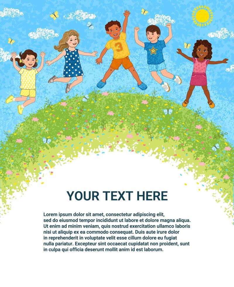 Template with Colorful Textured Illustration of Happy Kids Jumping Outside on Green Grass, with Blue Sky, Sun and White Clouds with a Place for Your Text vector
