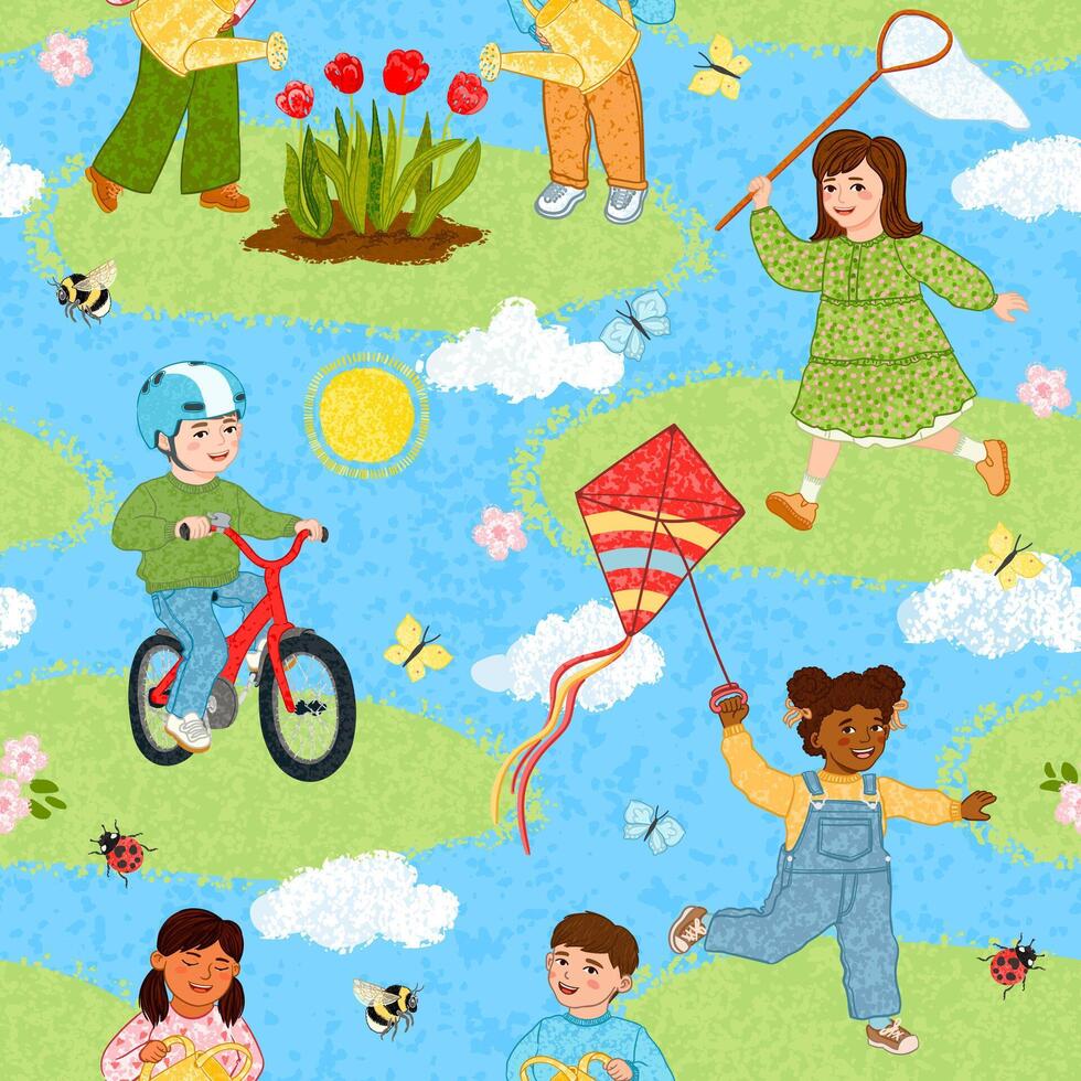 Seamless Pattern with Colorful Textured Illustrations of Cute Children Activities in the Spring vector