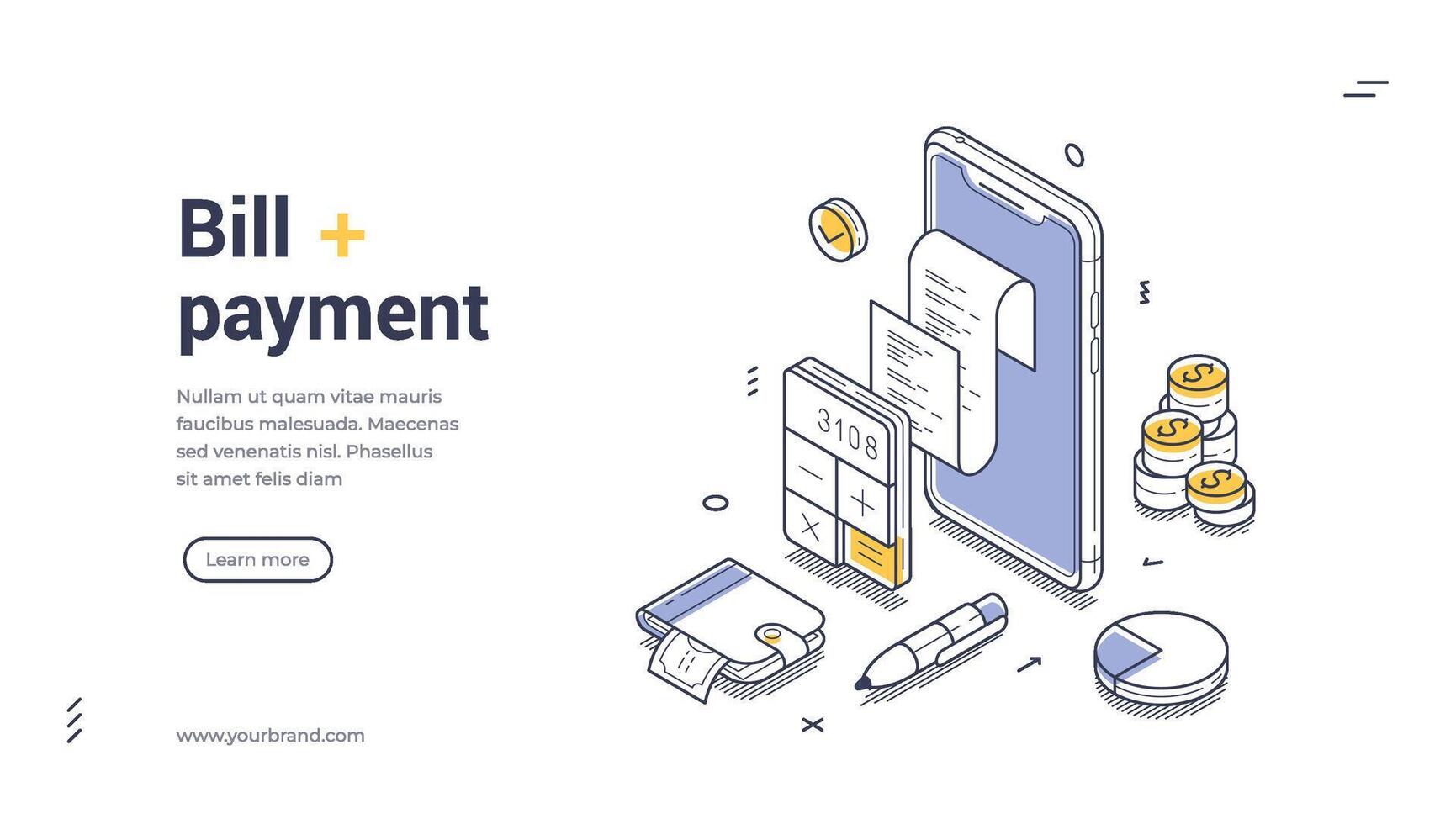 Bill payment process illustrated in isometric line art for web banner vector