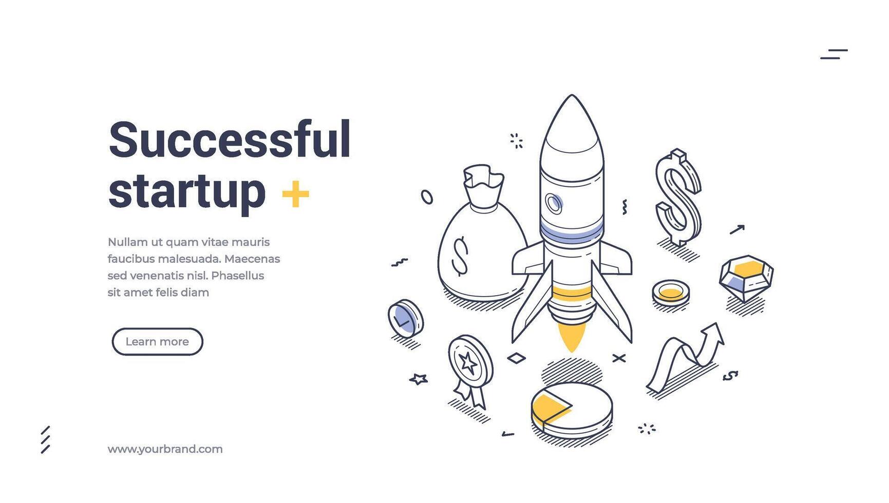 Successful startup concept web banner with a rocket launch, money bags, and growth icons vector