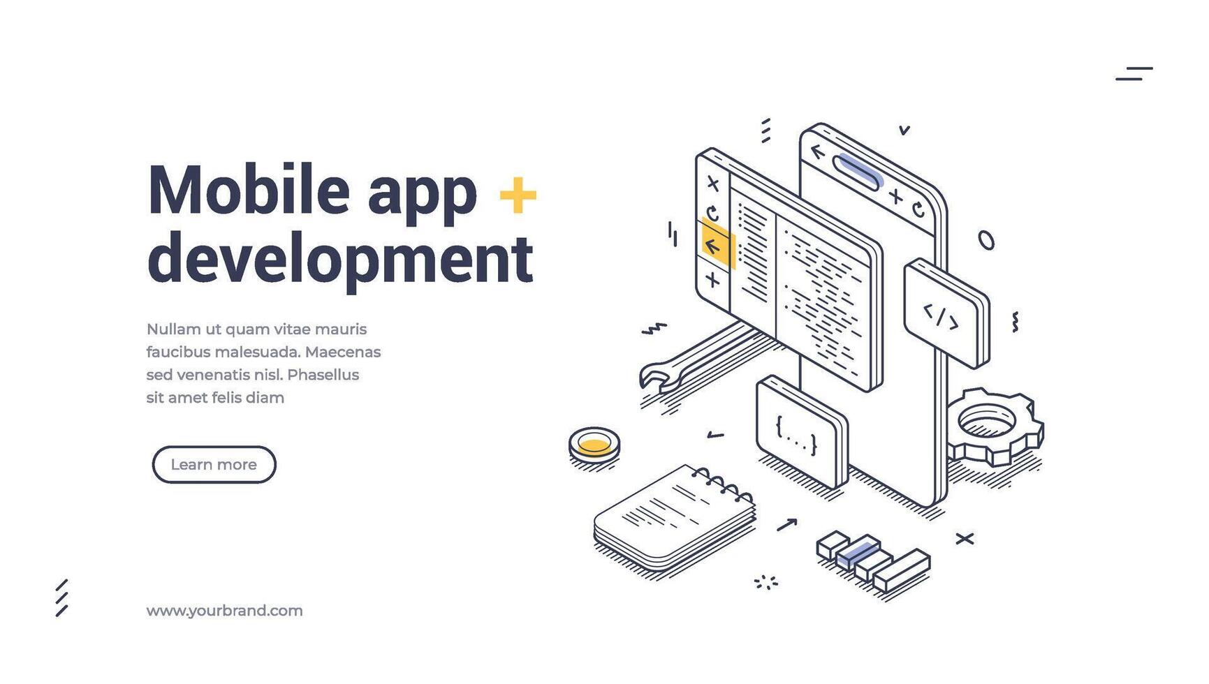 Isometric line art mobile app development web banner vector