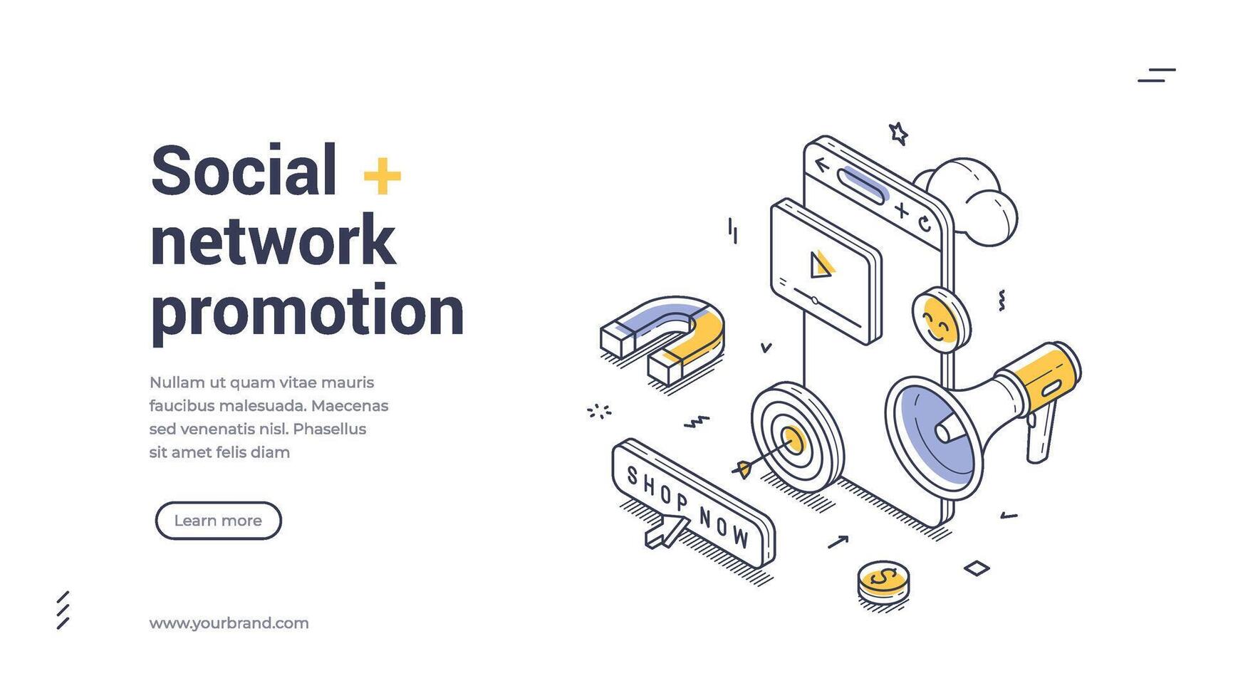Social network promotion modern isometric line art web banner template vector