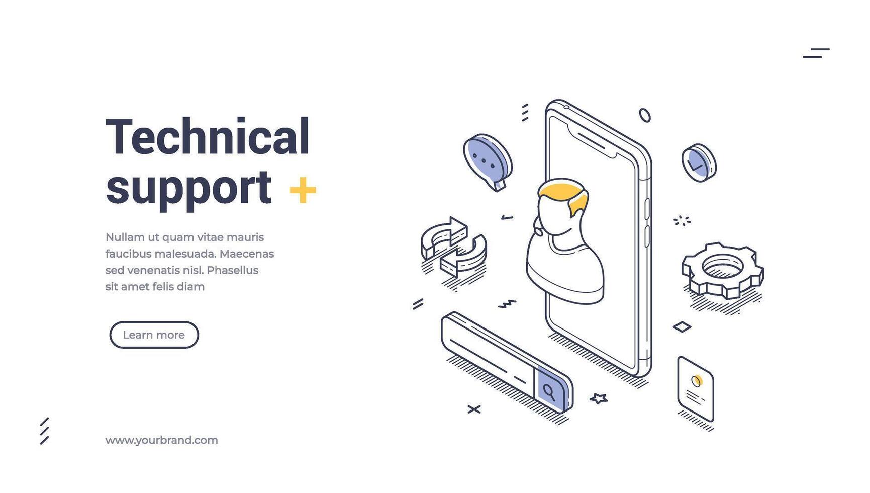 Online tech support help web banner, landing page template isometric line art design vector