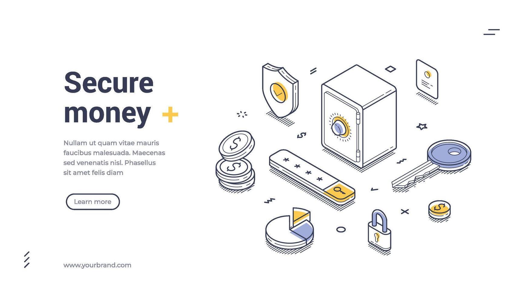Secure money isometric line art web banner, landing page template vector