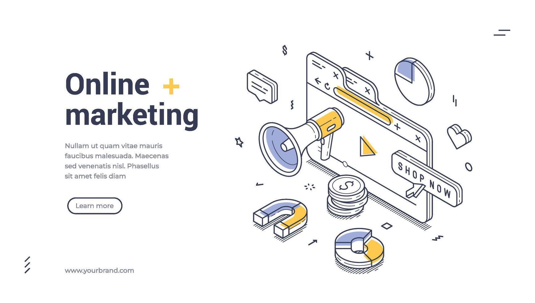 Digital marketing elements for online shopping and advertising isometric line art web banner vector