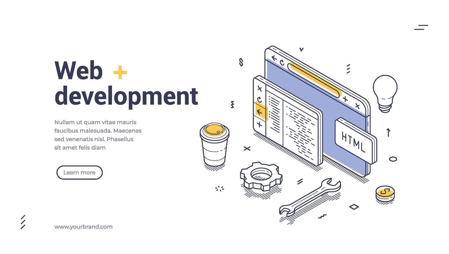 Web development elements featuring coding, tools, and icons isometric line art web banner vector