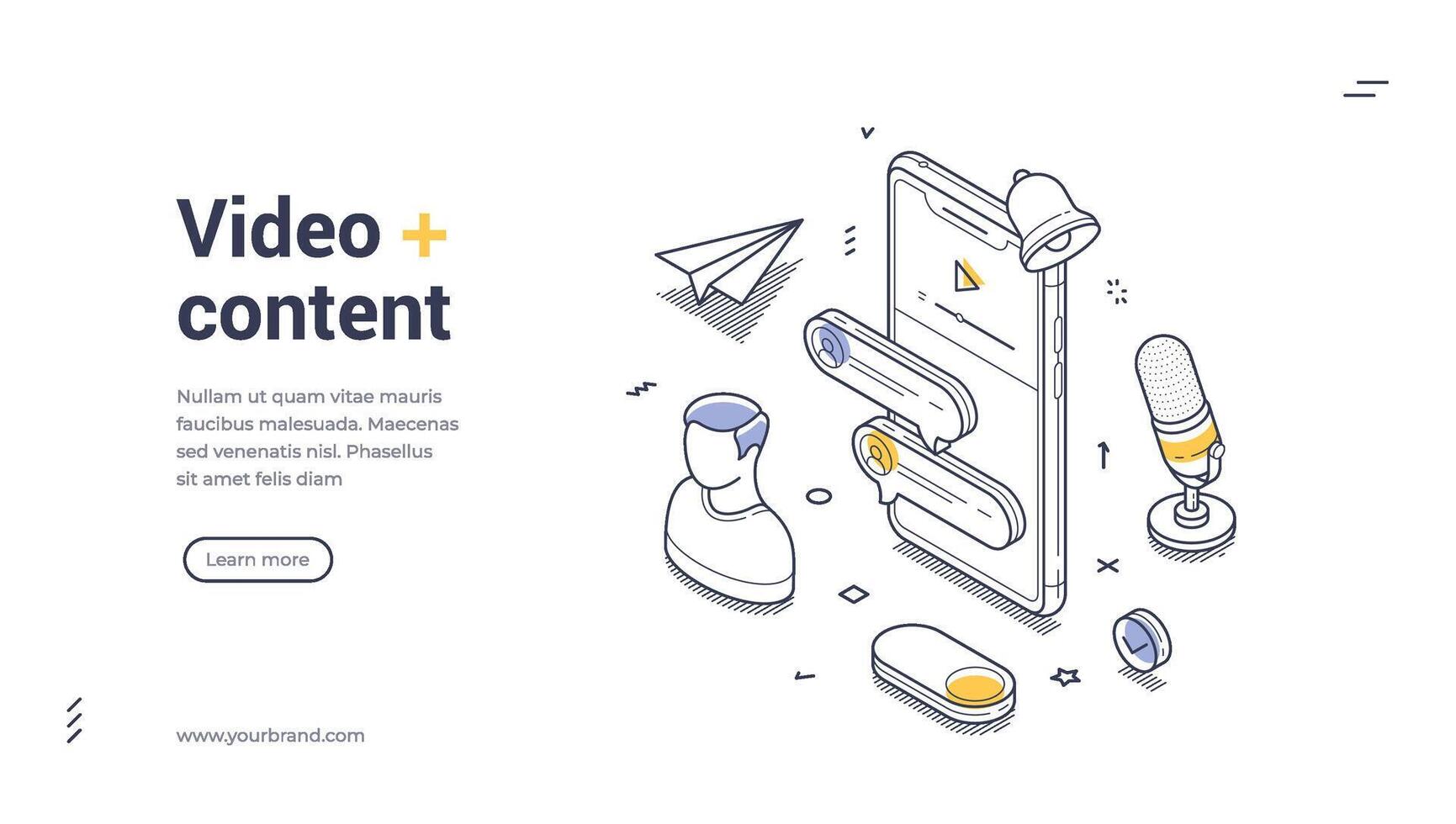 Online communication and media elements around a smartphone interface isometric line art web banner vector