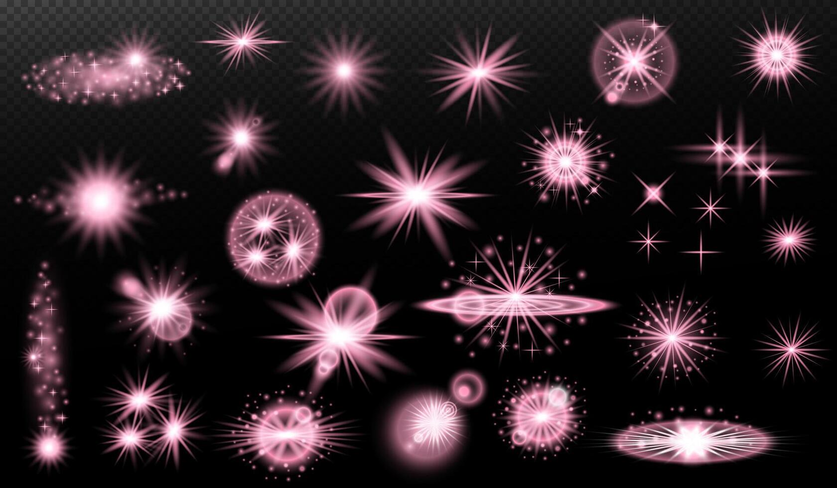 a collection of pink sparkles on a black background vector