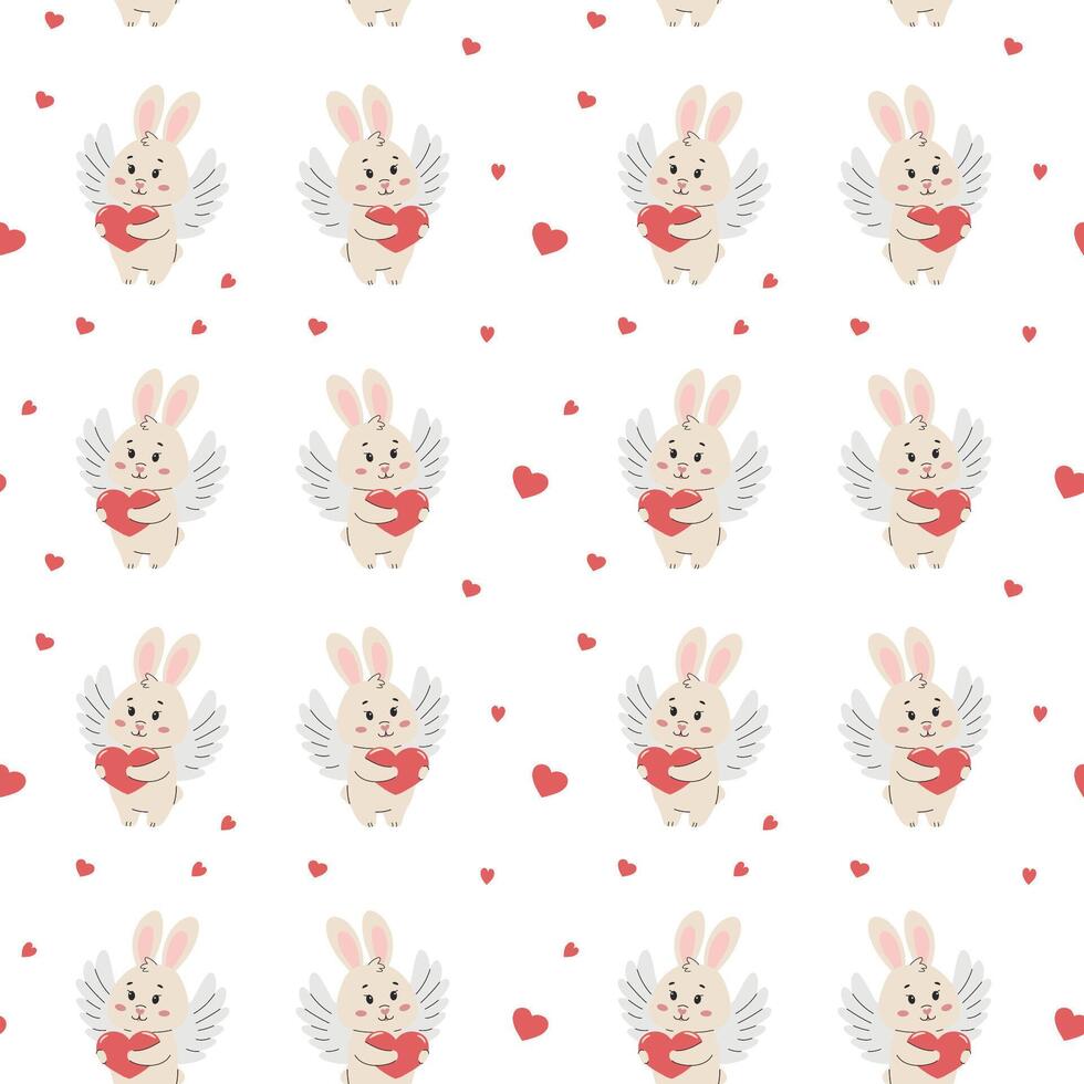 Seamless pattern with cute rabbits and hearts. Cute print, children's style illustration. vector