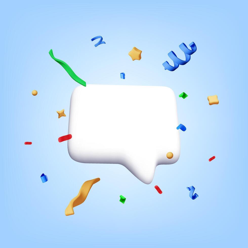 3d speech bubble with confetti isolated on blue. Render chat cloud with colorful confetti explosion. Geometric shapes with message for party, holiday, celebrations and birthday. vector