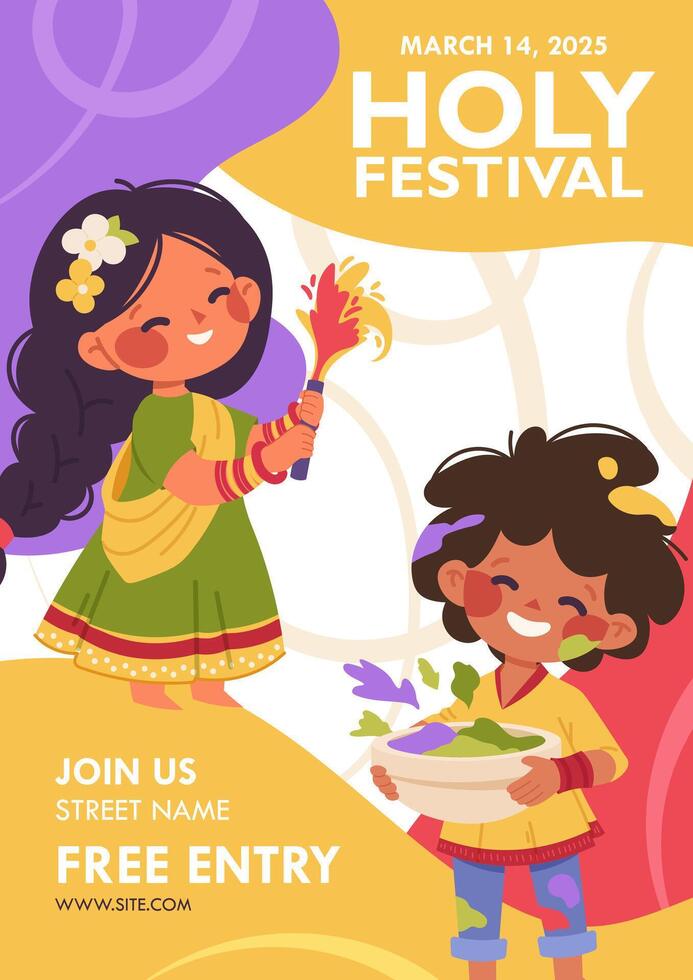Invitation to the festival of Holi. Colorful printable template for the festival of colors in India with children and bright spots. cartoon card vector