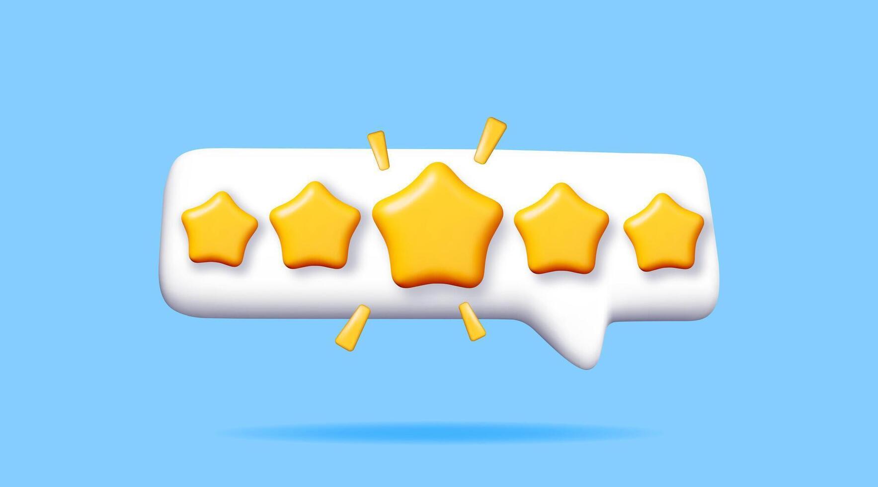 3D Colorful star shaped speech bubble on blue. Render chat balloon with five rating stars. Notification shape mockup. Communication, web, social network media, app button vector