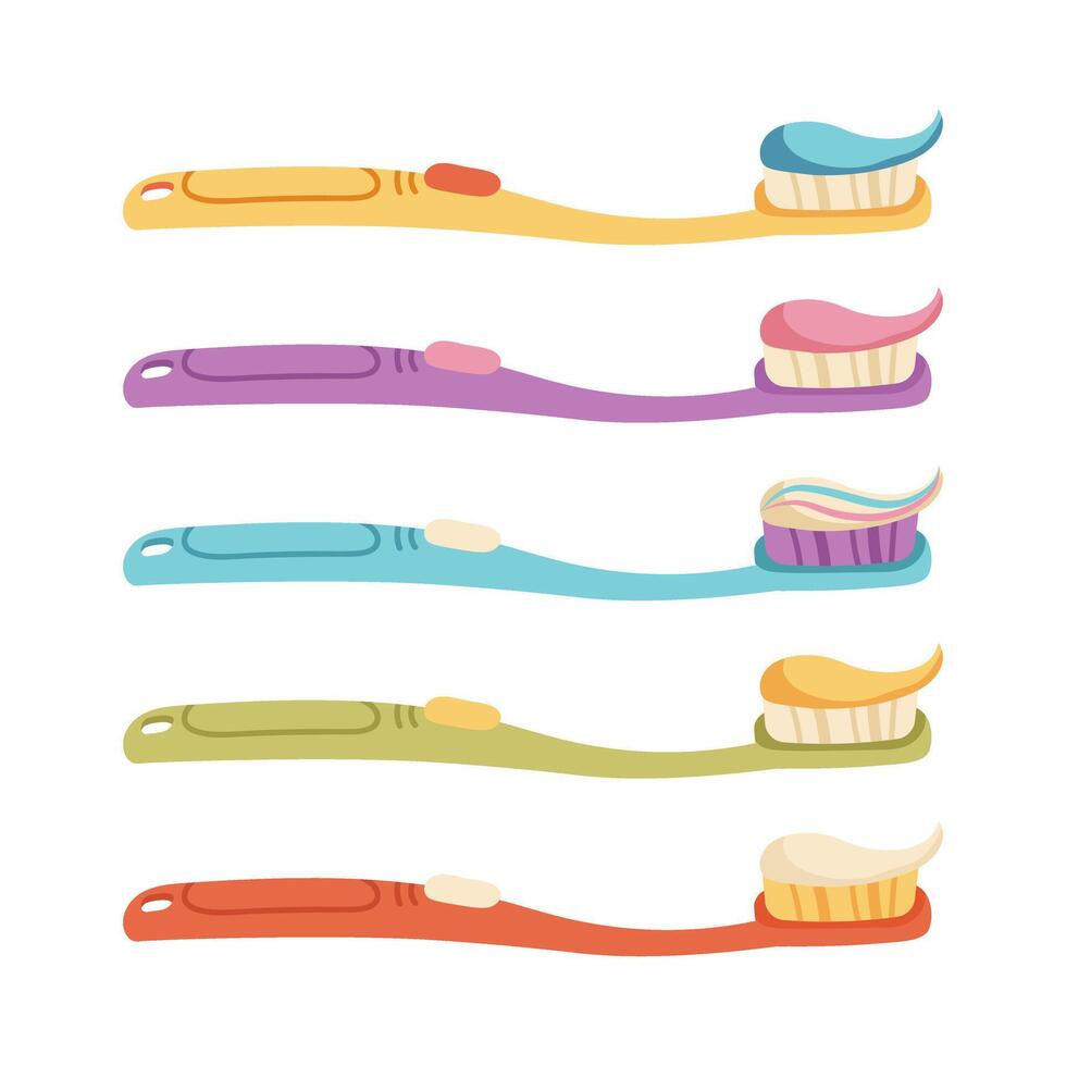 Baby toothbrushes with toothpaste. Set of colorful toothbrushes in retro colors. Flat isolated elements vector